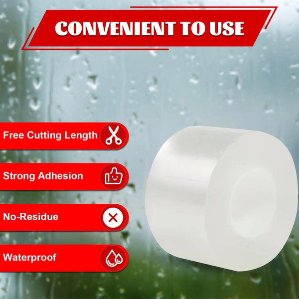 White roll of waterproof window sealing tape with red text highlighting convenient to use, free cutting length, strong adhesi