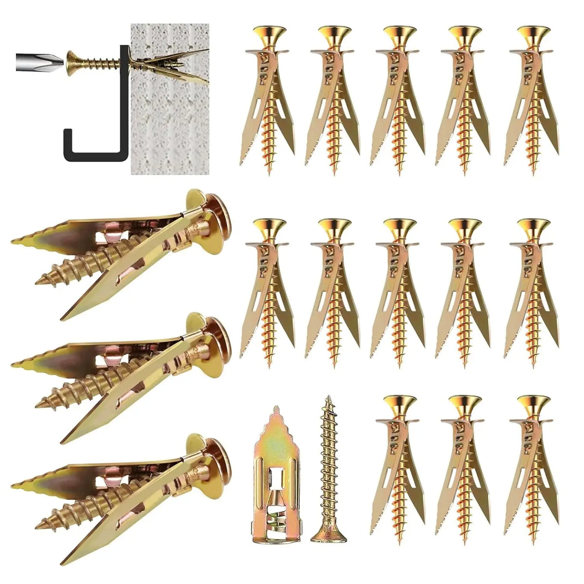 A collection of self-tapping drywall expansion anchors and related tools, including various sizes and installation components