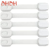 A set of five white adjustable child safety locks for cabinets and drawers.