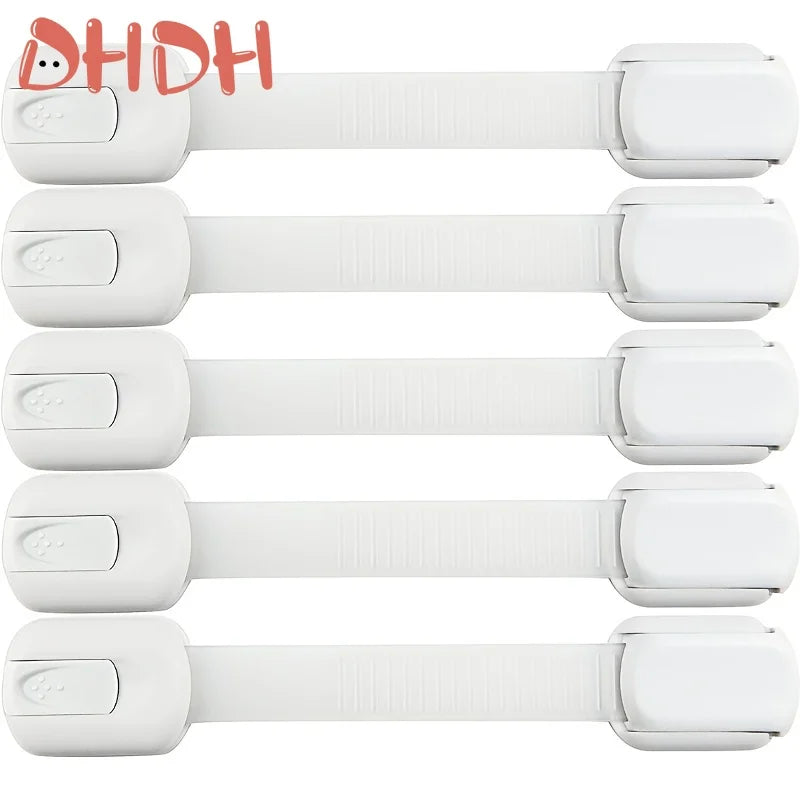 A set of five white adjustable child safety locks for cabinets and drawers.