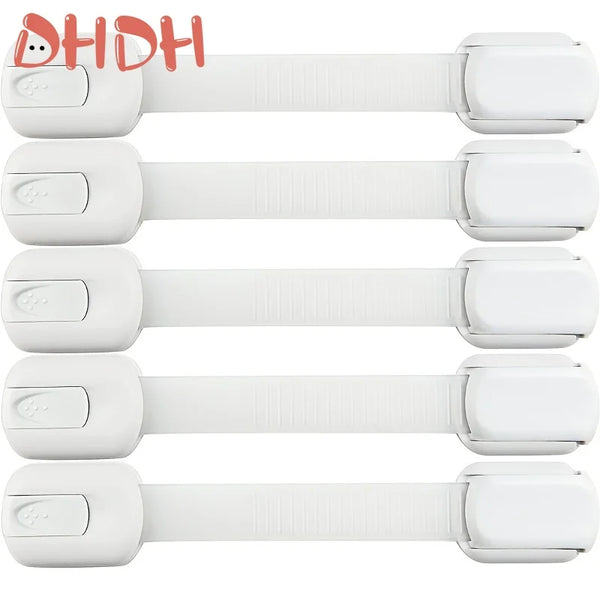 A set of five white adjustable child safety locks for cabinets and drawers.