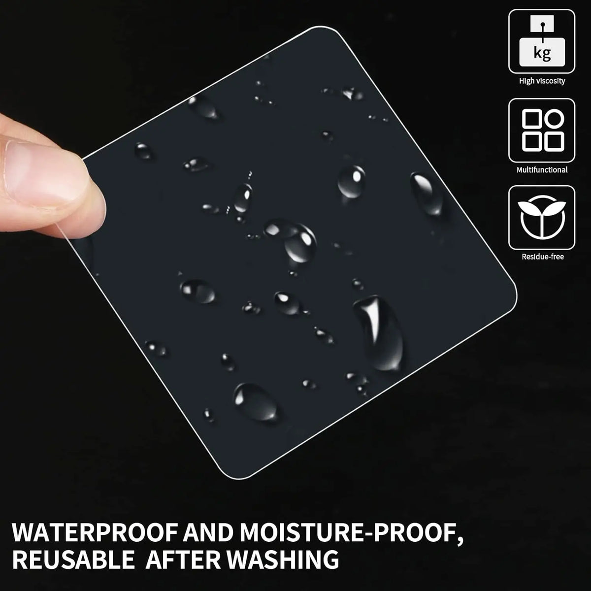 A black, waterproof and moisture-proof adhesive pad is being held by a hand, showing its texture and features.