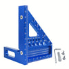 A blue precision aluminum square protractor used for woodworking measurements.