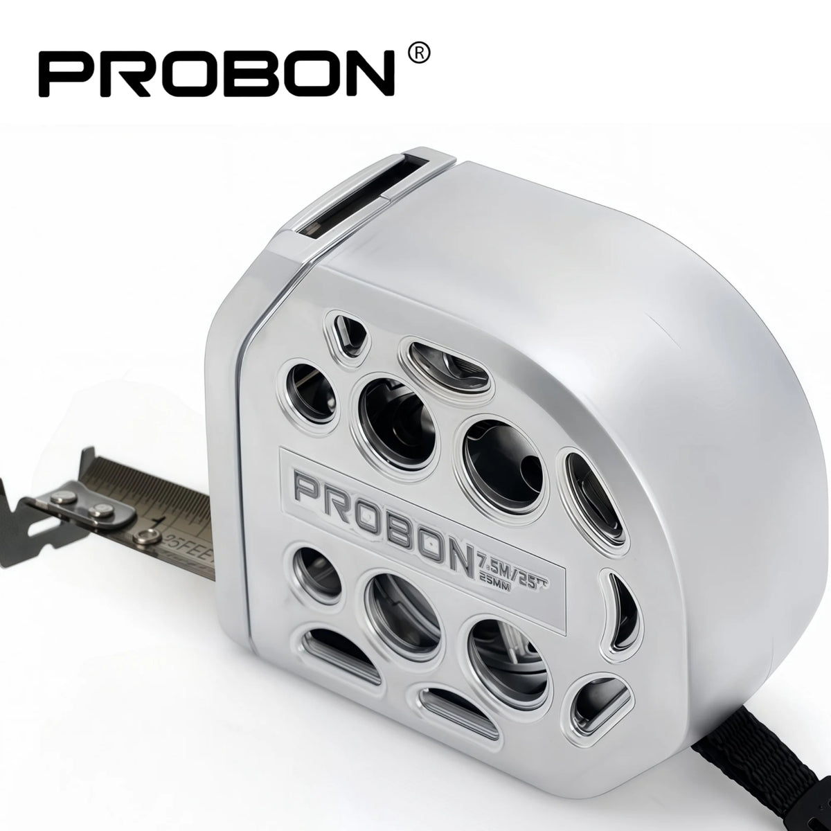 A silver Probon metal auto lock measuring tape with a protective case and a black strap.