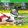 A precision wire brush trimmer head is shown removing thick grass, moss, and rust effectively from lawn and garden areas.