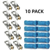 A pack of ten heavy-duty retractable rope tying tools in silver and blue cord.