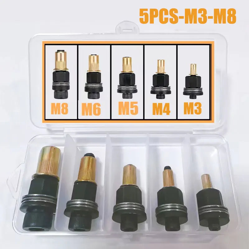 A clear plastic case containing five M3-M8 riveting tool bits for various nuts.