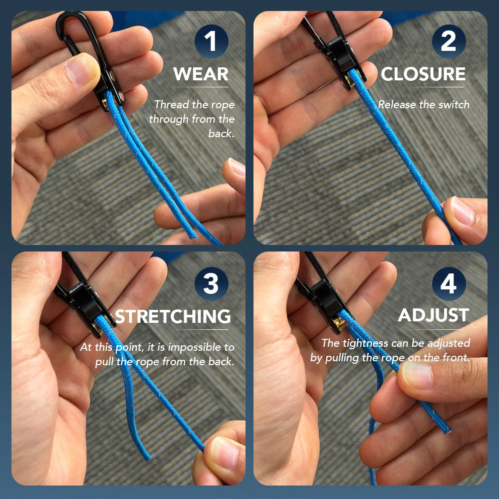 Four steps showing how to wear, close, stretch, and adjust a blue paracord rope fastener.