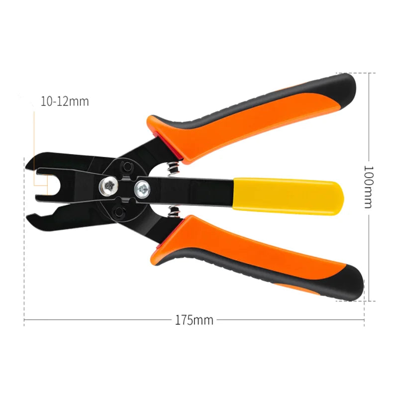 A pneumatic disconnect tool set featuring orange and black handles and jaws, shown with dimensions.