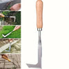 Herramienta de desmalezado en forma de L de acero inoxidable con mango de madera para jardinería y deshierbe.