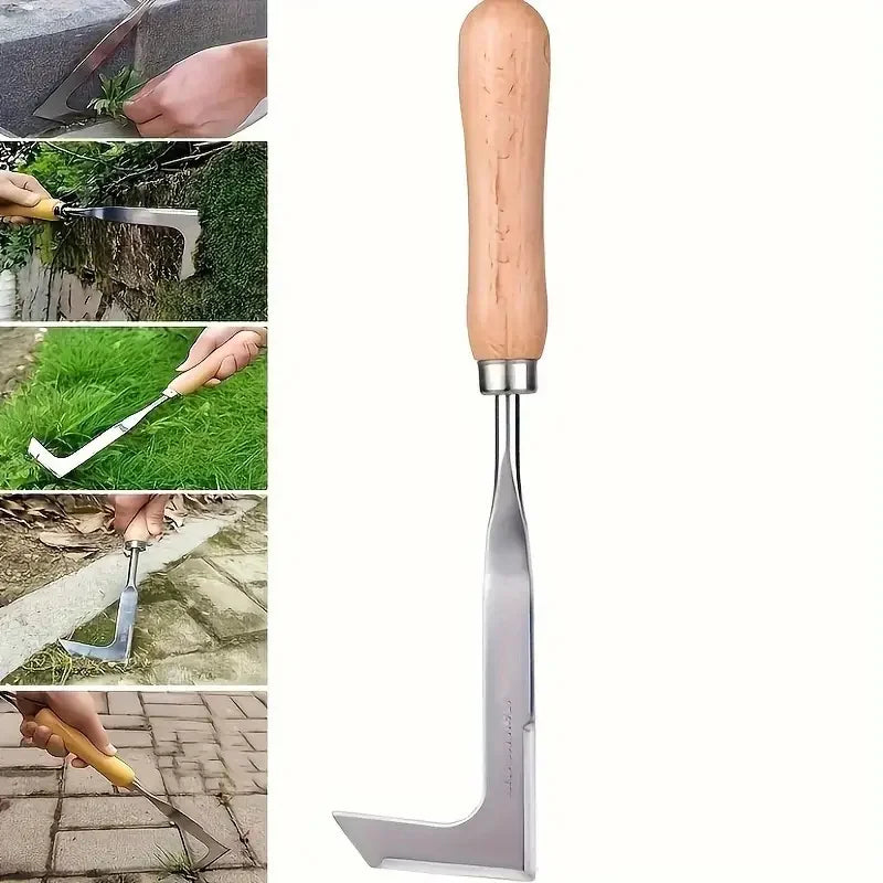 Herramienta de desmalezado en forma de L de acero inoxidable con mango de madera para jardinería y deshierbe.