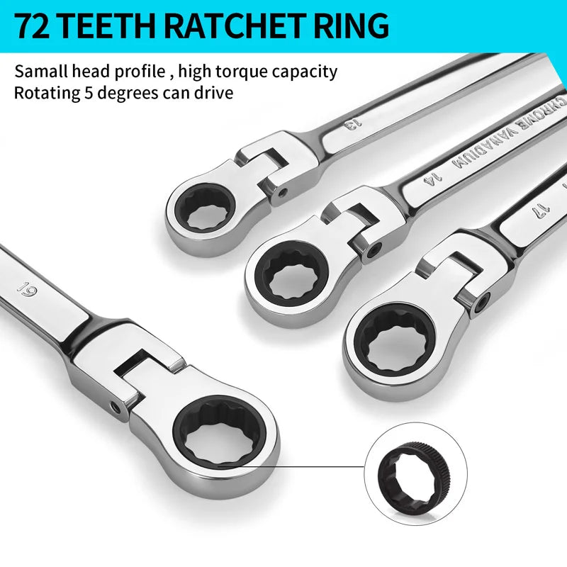 A set of chrome vanadium steel teeth ratchet rings and wrenches shown with a close-up view.
