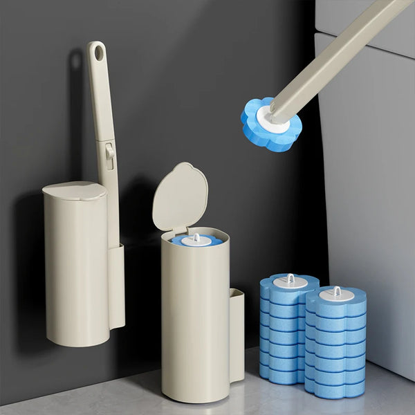 A set of dual-use toilet brushes and cleaning tools mounted on a wall and standing upright.