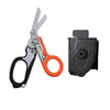 A pair of tactical folding rescue scissors with silver blades and orange handles next to a black protective case.