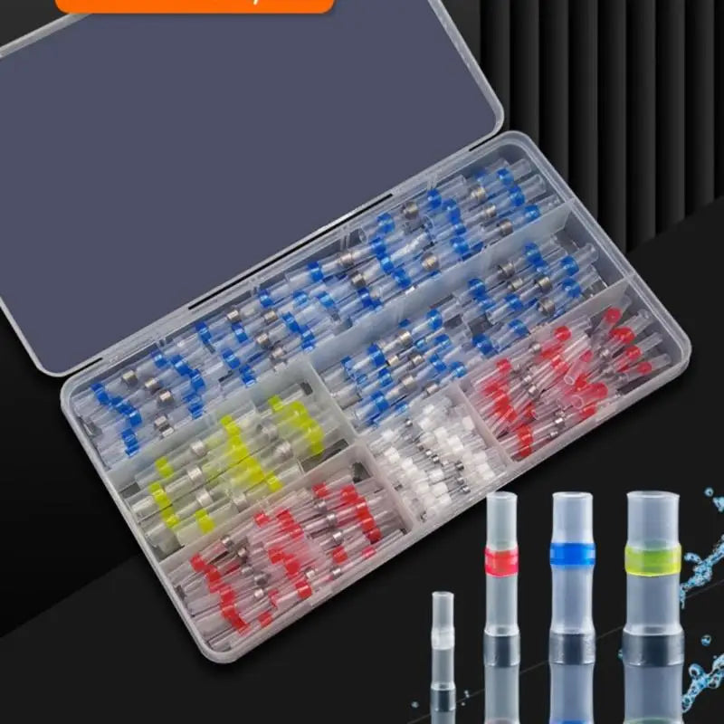 A plastic case containing numerous high-performance electric copper solder connectors in various colors like blue, red, and y
