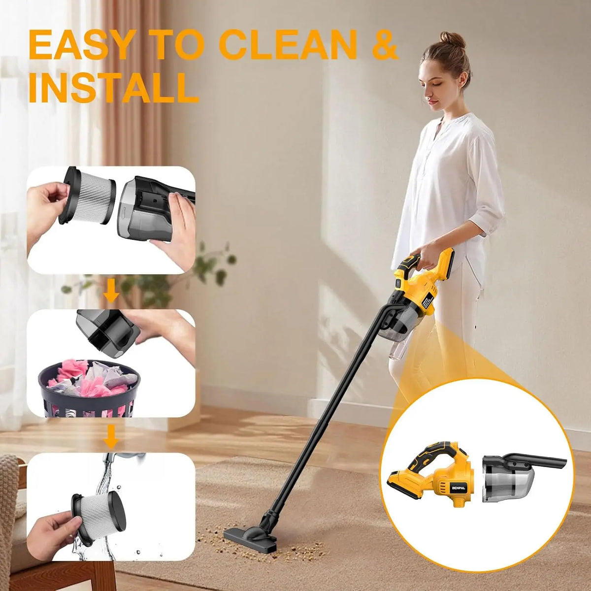 A woman is demonstrating an easy to clean and install cordless handheld vacuum cleaner on a rug.