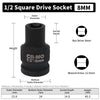 A black 1/2 square drive socket with an 8mm drive size and various dimensions shown.
