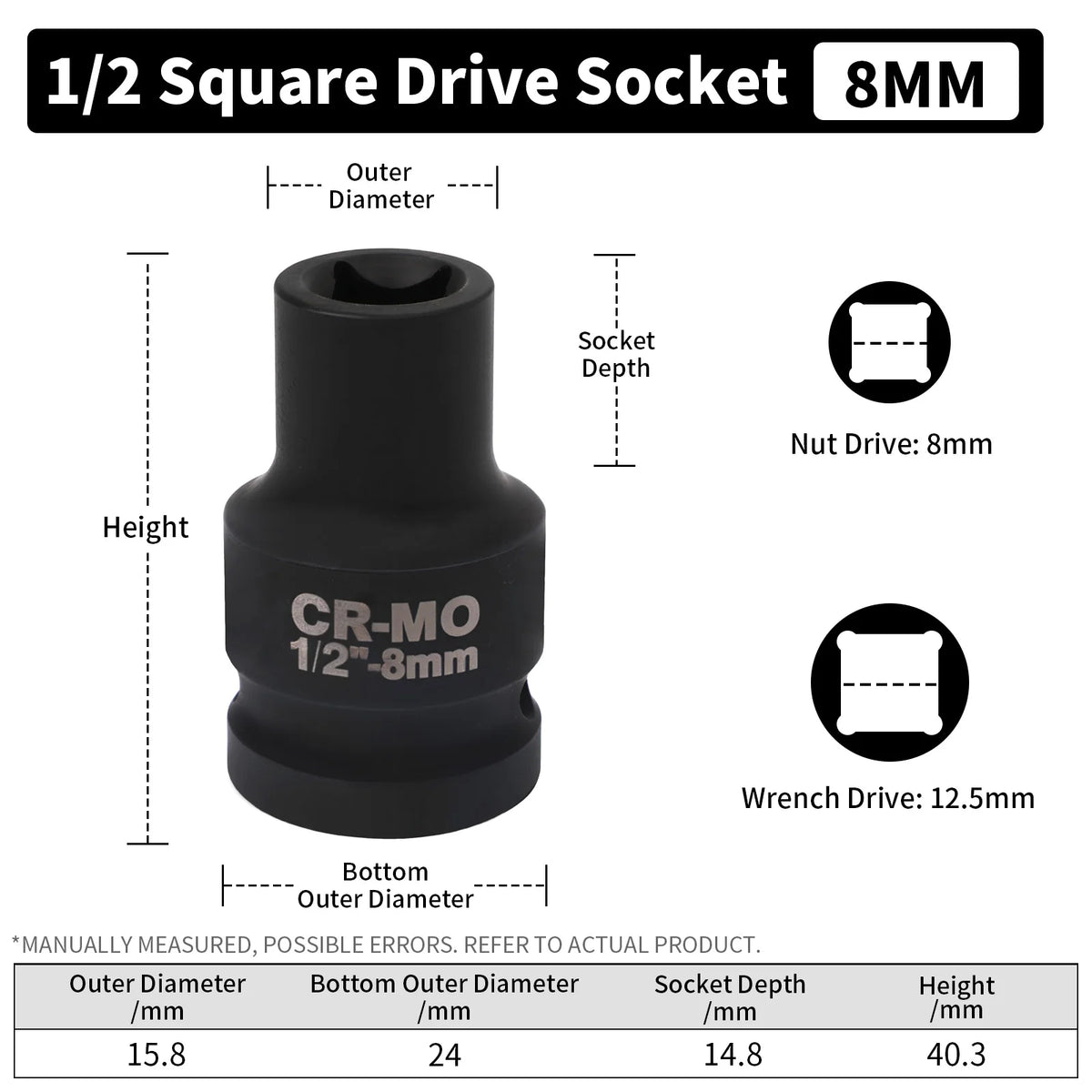 A black 1/2 square drive socket with an 8mm drive size and various dimensions shown.