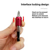 A hand holds an interface locking design tool with a red and silver head, demonstrating how to press down to unlock and rebin