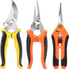 A set of three stainless steel gardening tools including a pair of pliers and a pair of orange-handled cutters.