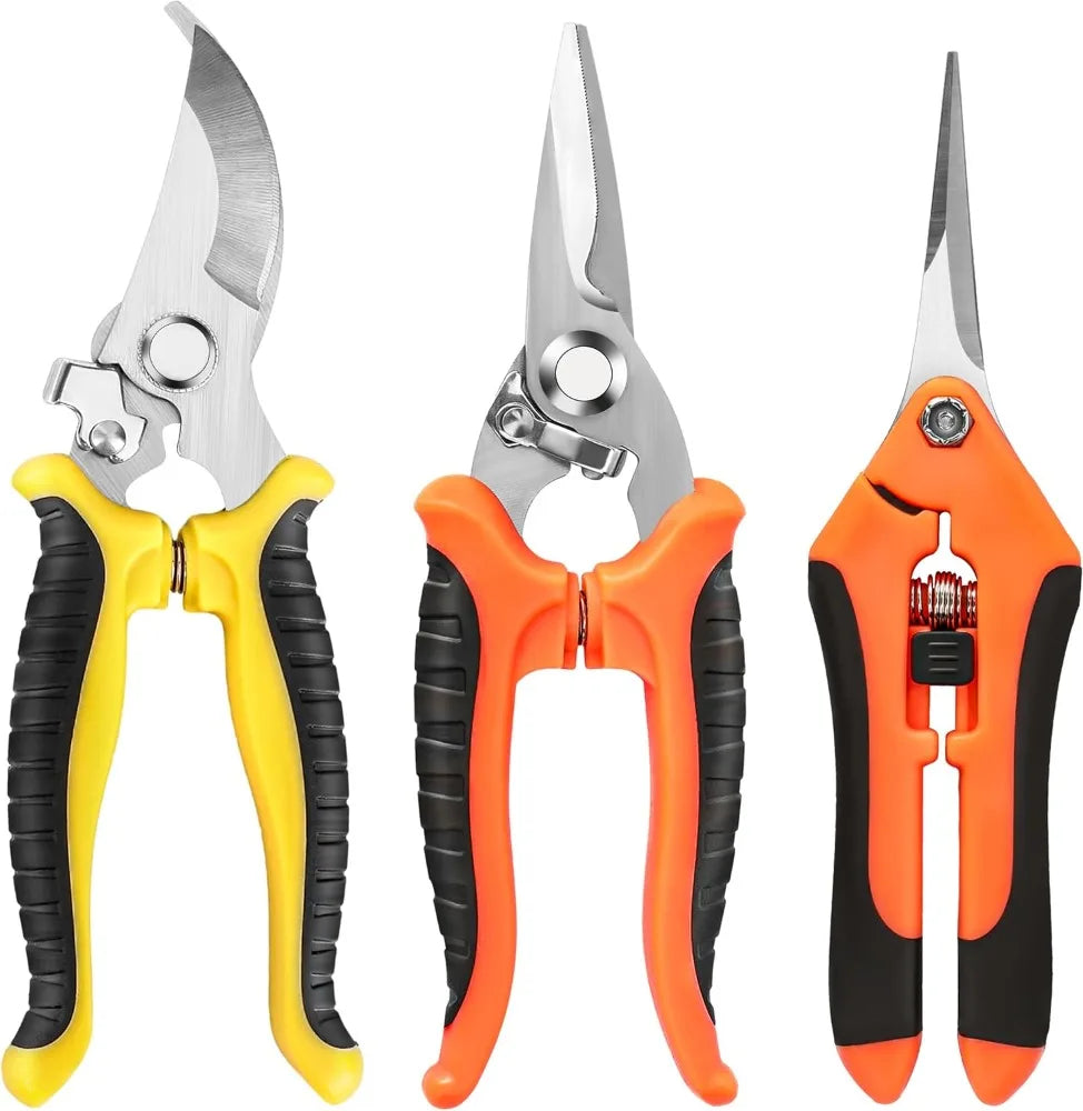A set of three stainless steel gardening tools including a pair of pliers and a pair of orange-handled cutters.