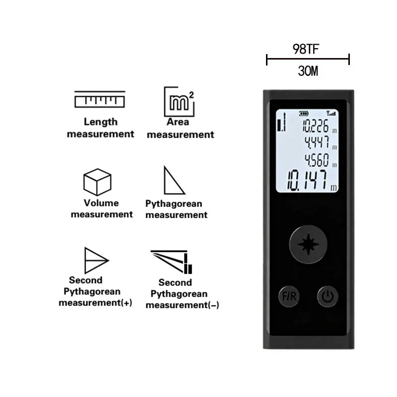 A black precision digital laser distance meter with a display showing 10.147 meters.