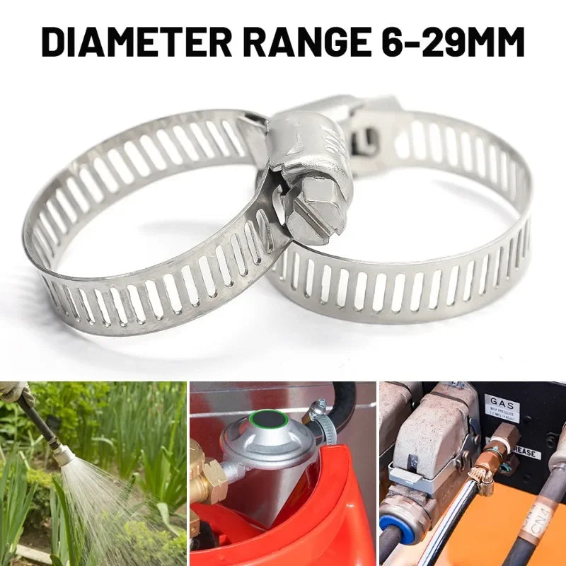 Stainless steel hose clips and pipe clamps in a range of 6 to 29mm diameters.