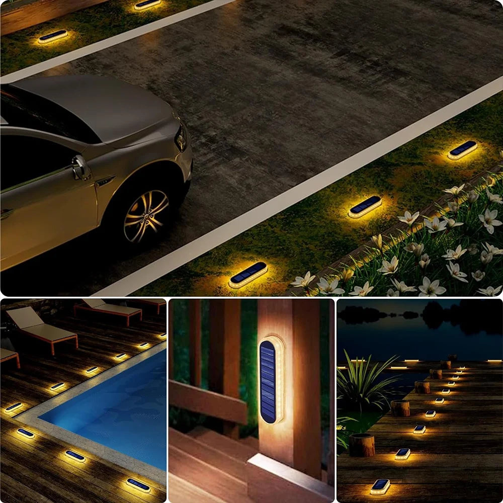 Eine Reihe von robusten Solarlampen mit Bewegungssensoren, die eine Holzterrasse und umgebende Vegetation beleuchten.