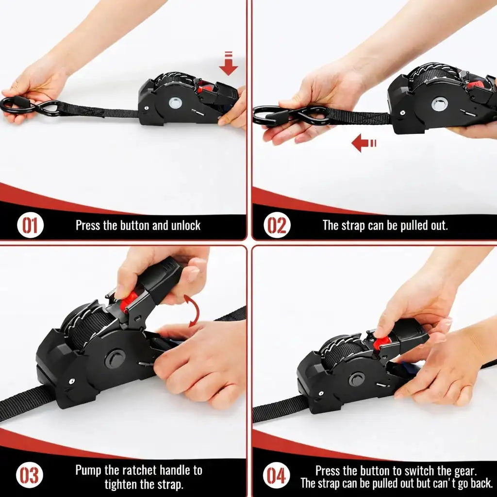 Step-by-step instructions showing how to use and operate heavy duty retractable ratchet straps for cargo securing.