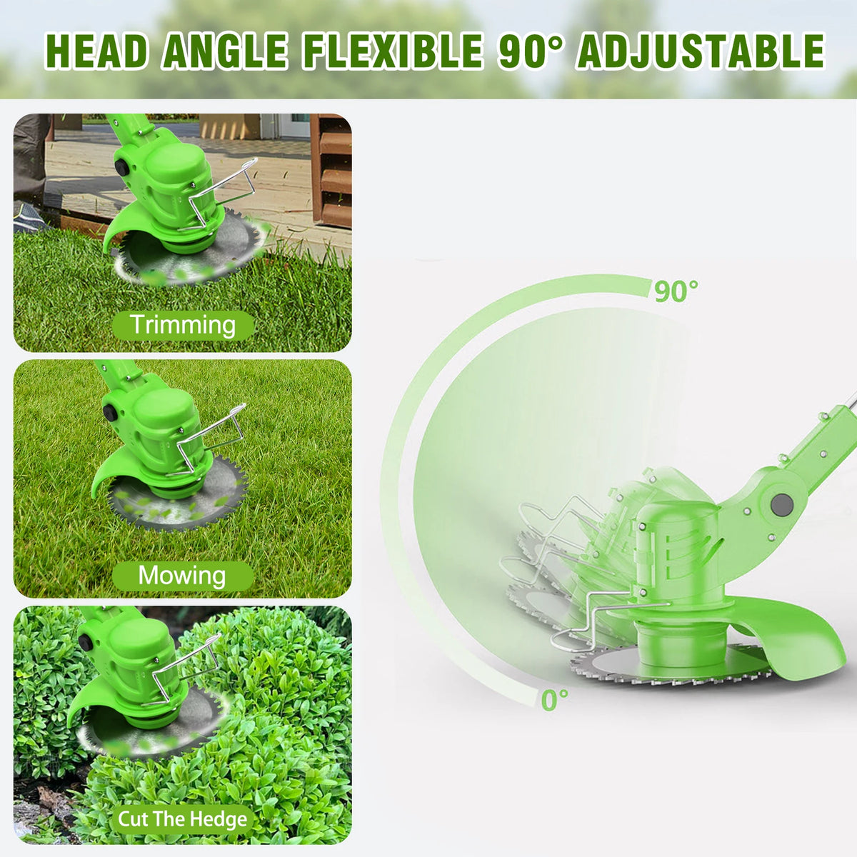 A green 2-in-1 cordless electric lawn trimmer with a flexible 90-degree adjustable head used for trimming, mowing, and cuttin