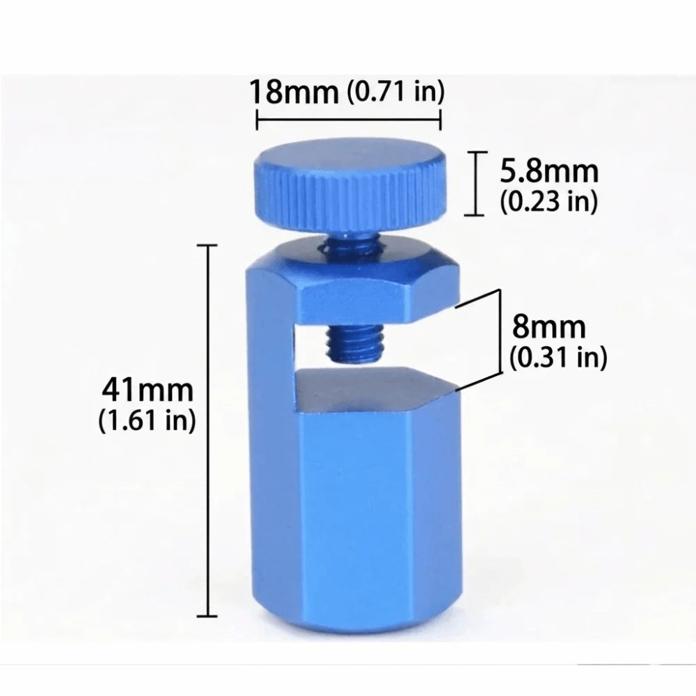 A blue precision stair gauge framing square with dimensions 18mm, 5.8mm, and 8mm.