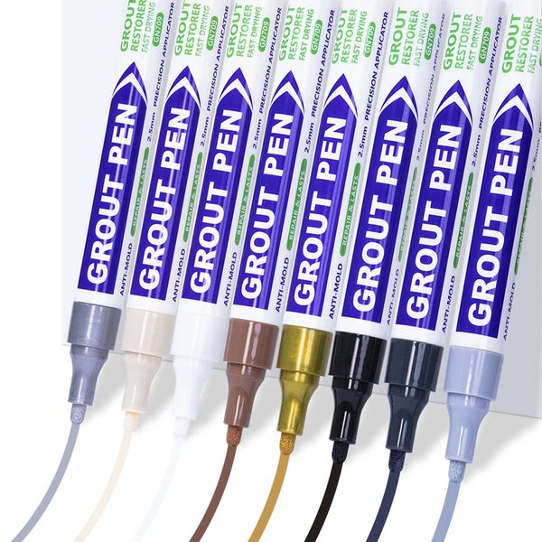 A set of multi-color waterproof tile seam marker pens with various tips and colored ink cartridges.