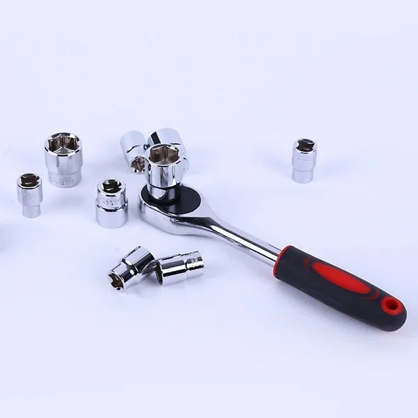A set of twelve chrome-plated socket wrenches and various sized sockets displayed on a white background.