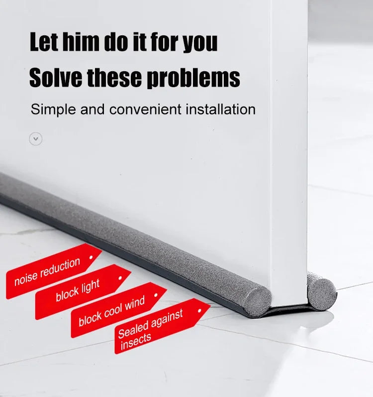 A white door draft excluder seal strip with a gray felt edge is shown on a white floor.