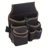 A dark brown and black multifunctional tool storage belt bag with multiple compartments.