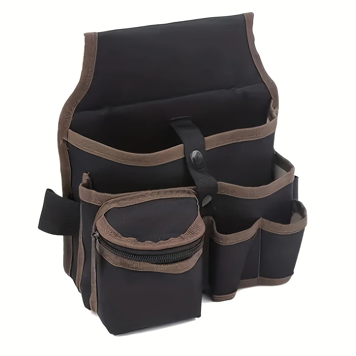A dark brown and black multifunctional tool storage belt bag with multiple compartments.