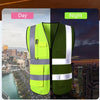 A high-visibility lime green safety vest shown in both day and night lighting contexts.