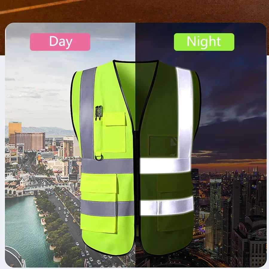 A high-visibility lime green safety vest shown in both day and night lighting contexts.