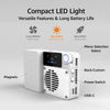 A compact white LED light device with various modes and features shown on a gray background.
