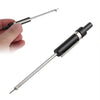 A hand holds an accurate brake pad thickness gauge with a metal rod and black body.