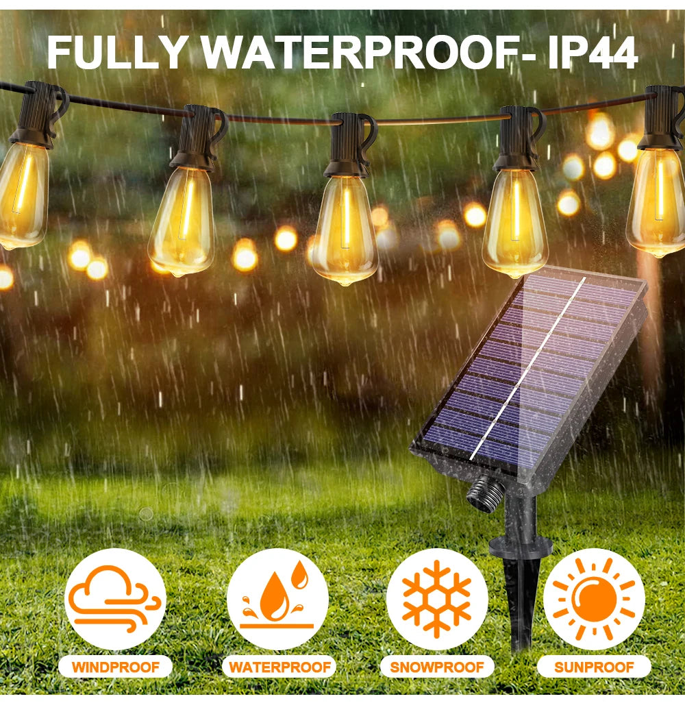 Lichterketten mit Solarpaneelen und wetterfesten Funktionen wie wasserdicht, wind- und schneefestig sowie sunproof