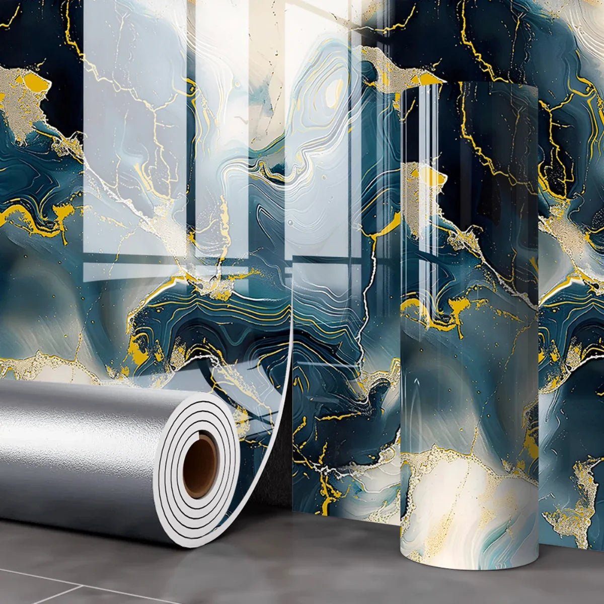 Autocollants muraux effet marbre roulé, autocollants adhésifs bleus et dorés à motifs marbrés