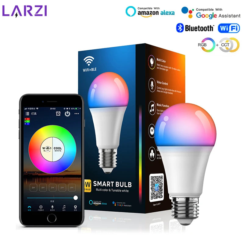 A smart LED bulb is shown next to a smartphone and its packaging, highlighting compatibility with Alexa and Google Assistant.