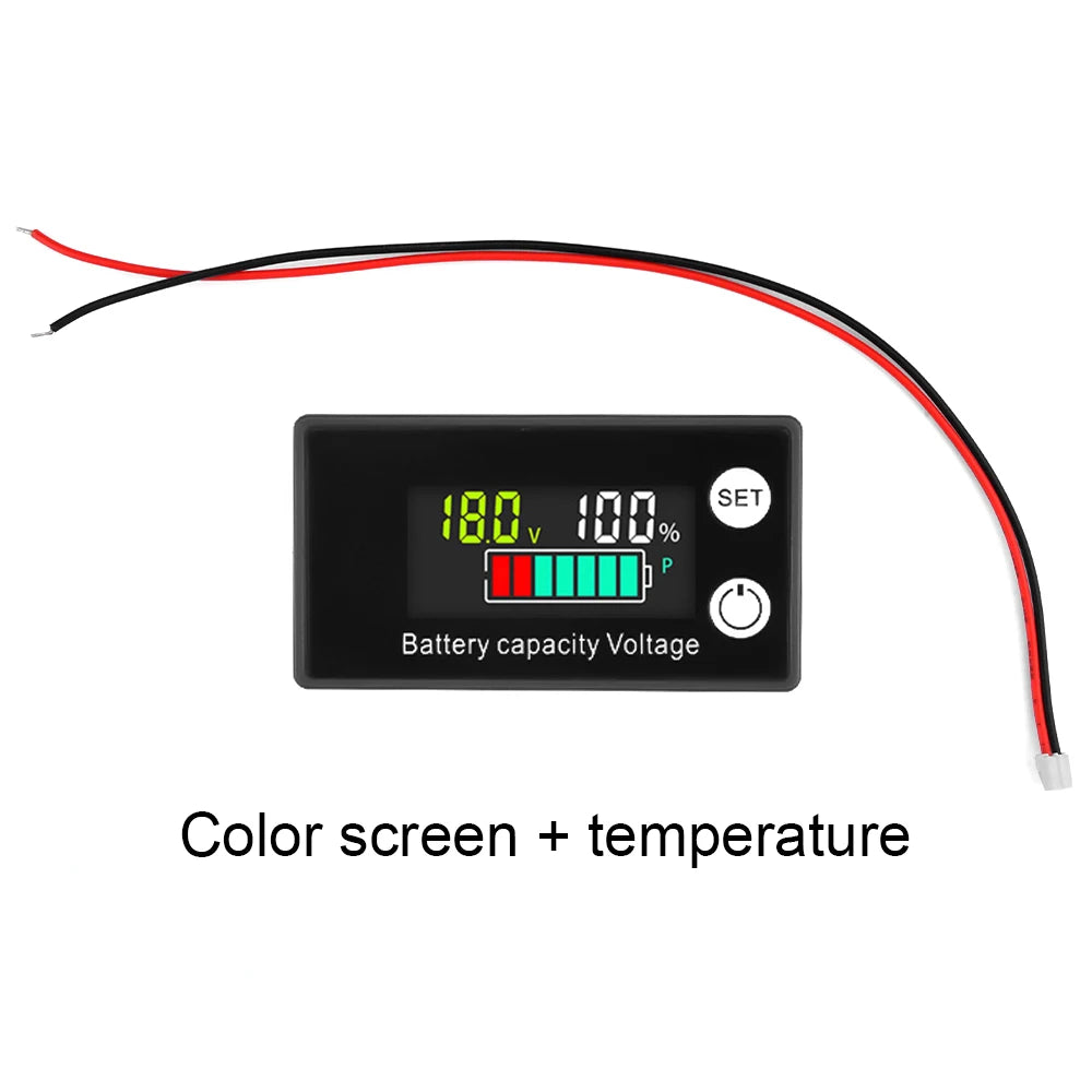 A digital battery capacity tester device with a color screen displaying 180V and 100% charge, connected by a black wire.