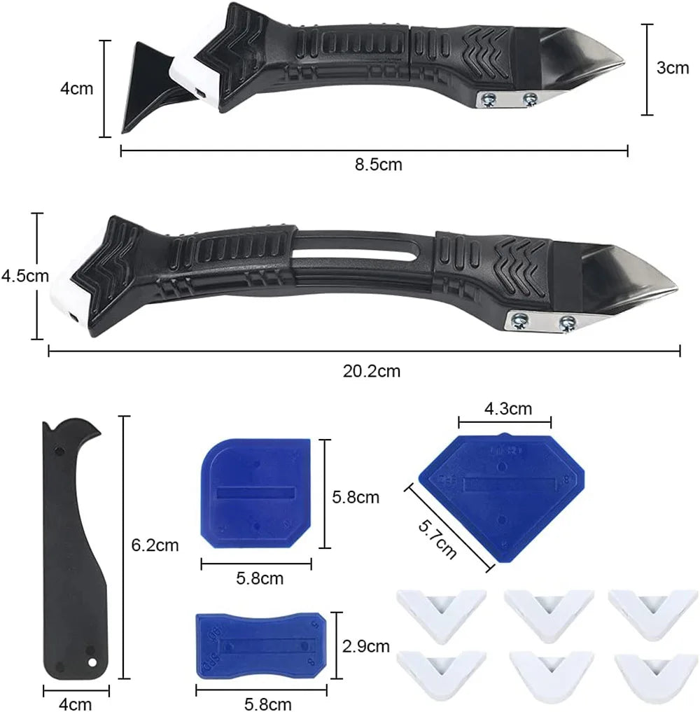A silicone caulking and sealing tool kit showing various shaped tools for sealing and caulking tasks.