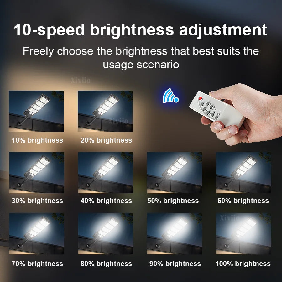 A hand holds a remote control for an outdoor solar motion sensor LED light, demonstrating 10-speed brightness adjustment opti