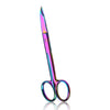 A pair of rainbow titanium suture removal scissors with a reflective finish.