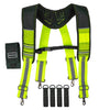 A heavy-duty tool belt featuring bright yellow and black suspenders with phone holders.