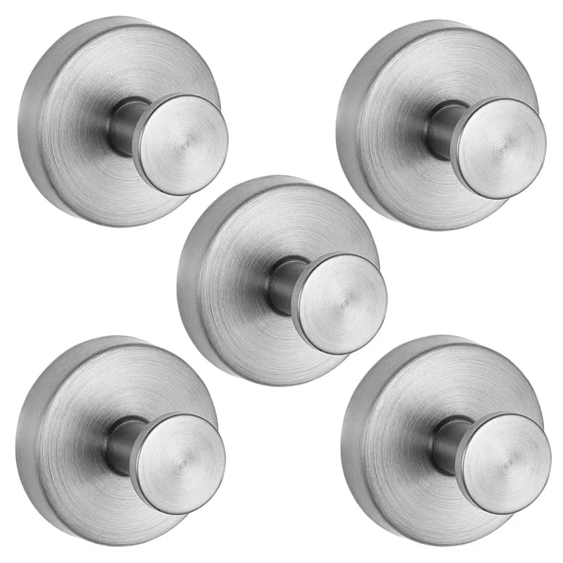 A set of heavy duty stainless steel suction cup shower hooks with round, polished finishes.