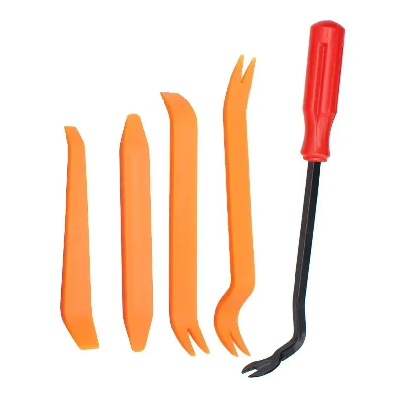 A set of orange and red universal trim clip removal pliers.